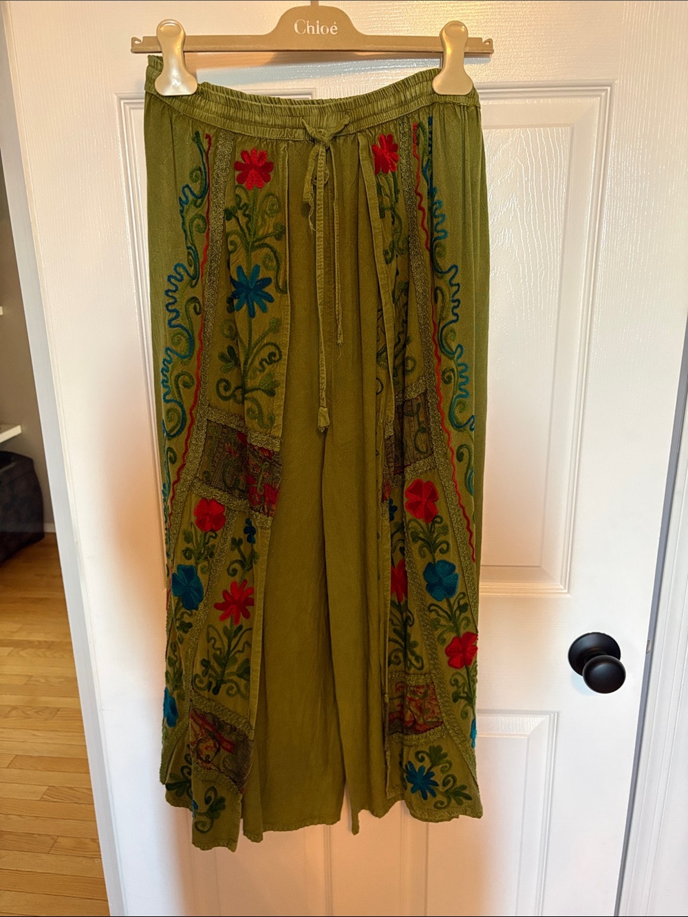 Olive Green Wide-Leg Embroidered Women's Pants - Picture 1 of 11